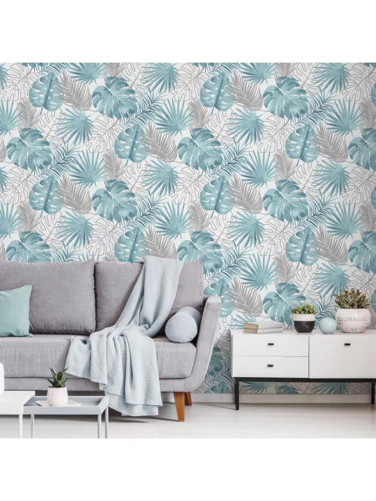 DUTCH WALLCOVERINGS Tapetai, mėlynos spalvos, su monstera lapais