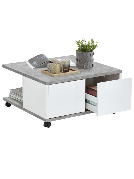 FMD Kilnojamas kavos staliukas, betono ir blizgi balta, 70x70x35,5cm