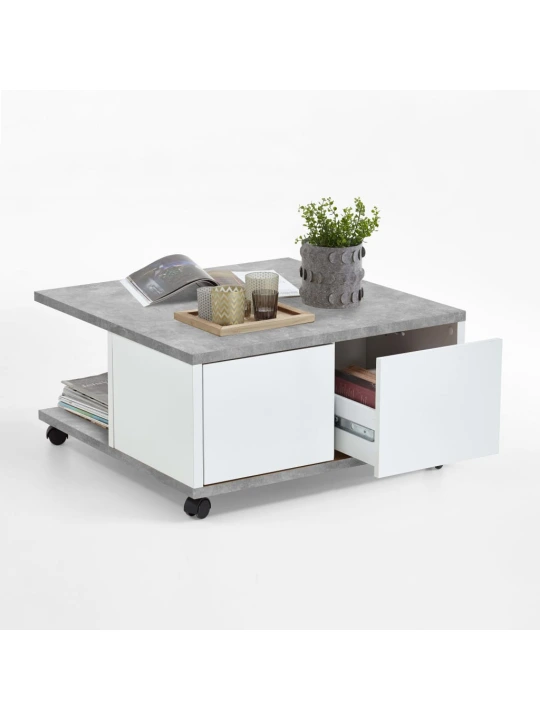 FMD Kilnojamas kavos staliukas, betono ir blizgi balta, 70x70x35,5cm