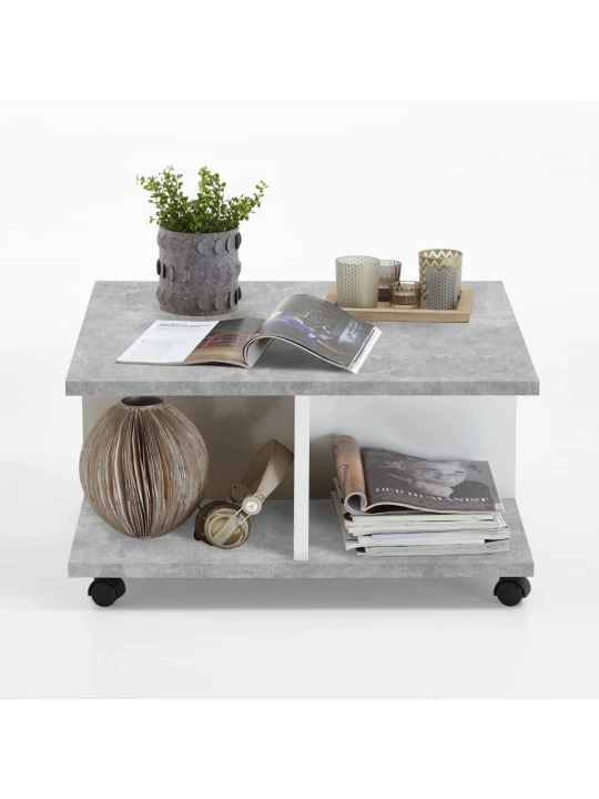 FMD Kilnojamas kavos staliukas, betono ir blizgi balta, 70x70x35,5cm