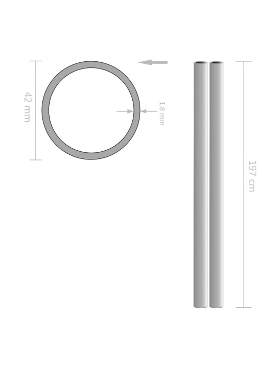 Nerūd. plieno vamzdžiai, 2vnt., 2m, skersm. 42x1,8mm, V2A, apv.