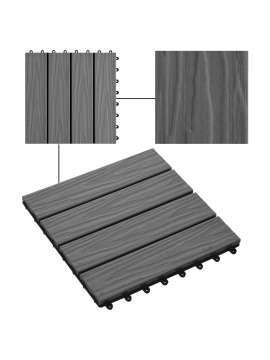 Grindų plyt., 11vnt., gil. įsp., WPC, 30x30cm, 1m², pilk.