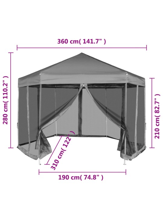Šešiakampė sulankstoma pavėsinė, 6 sienelės, pilka, 3,6x3,1m