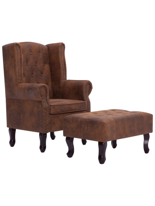 Chesterfield krėslas ir pakoja, rudos sp., dirbt. versta oda