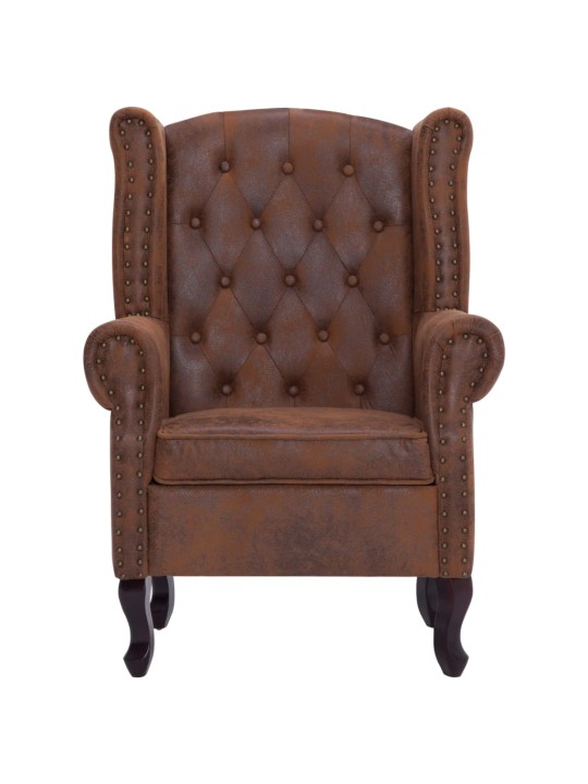 Chesterfield krėslas ir pakoja, rudos sp., dirbt. versta oda