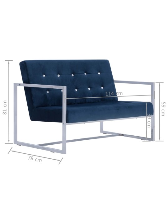 Dvivietė sofa su porankiais, mėlynos sp., chromas ir aksomas