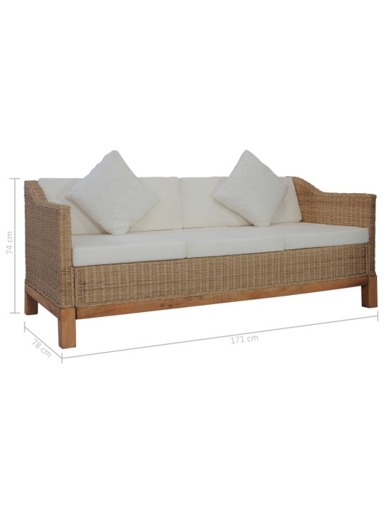Trivietė sofa su pagalvėlėmis, natūralus ratanas
