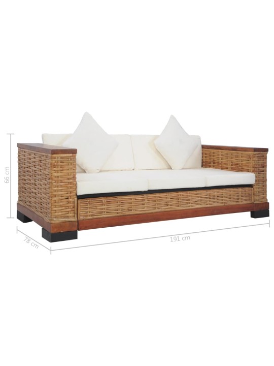 Trivietė sofa su pagalvėlėmis, rudos sp., natūralus ratanas