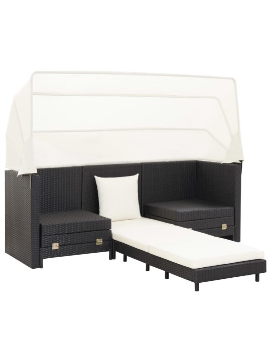 Ištraukiama trivietė sofa-lova su stogeliu, juoda, poliratanas