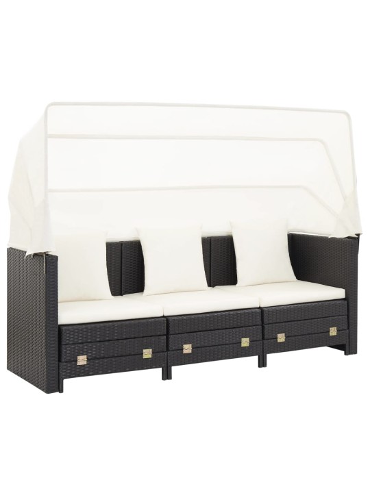 Ištraukiama trivietė sofa-lova su stogeliu, juoda, poliratanas