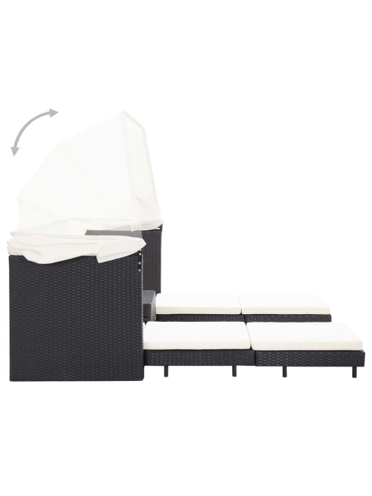 Ištraukiama trivietė sofa-lova su stogeliu, juoda, poliratanas