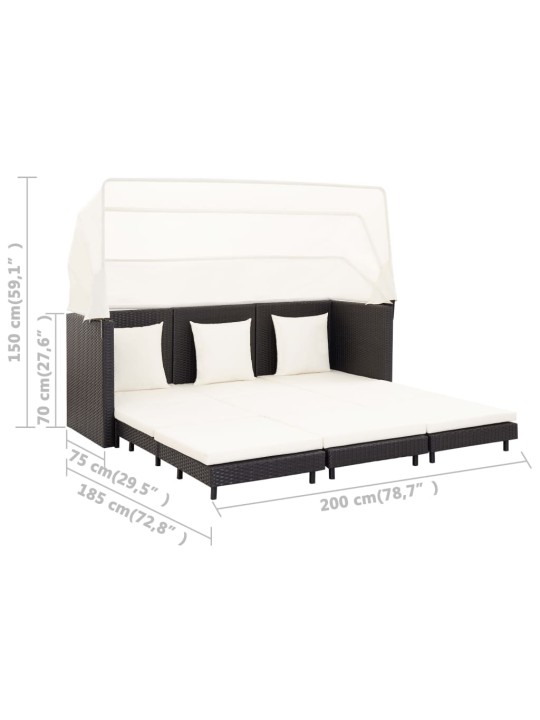 Ištraukiama trivietė sofa-lova su stogeliu, juoda, poliratanas