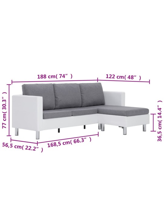 Trivietė sofa su pagalvėlėmis, baltos spalvos, dirbtinė oda