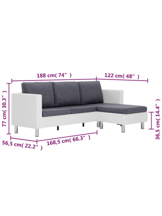 Trivietė sofa su pagalvėlėmis, baltos spalvos, dirbtinė oda