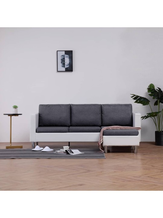 Trivietė sofa su pagalvėlėmis, baltos spalvos, dirbtinė oda