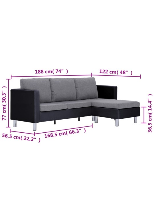 Trivietė sofa su pagalvėlėmis, juodos spalvos, dirbtinė oda