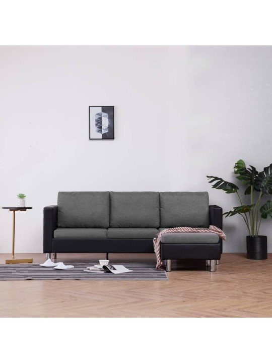Trivietė sofa su pagalvėlėmis, juodos spalvos, dirbtinė oda