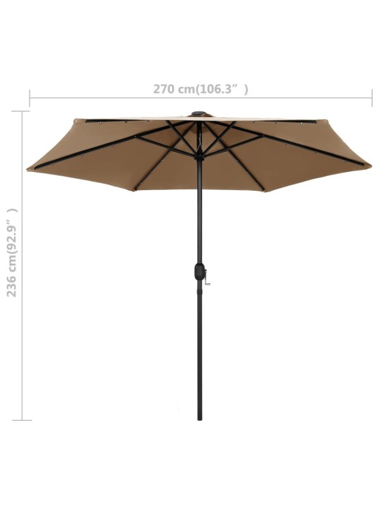 Skėtis su LED lemputėmis ir aliuminio stulpu, taupe, 270cm