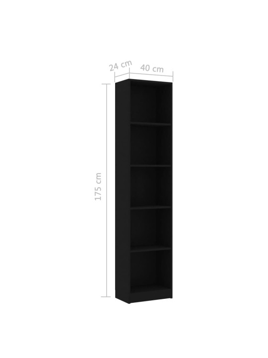 Spintelė knygoms, 5 lentynos, juodos spalvos, 40x24x175cm, MDP