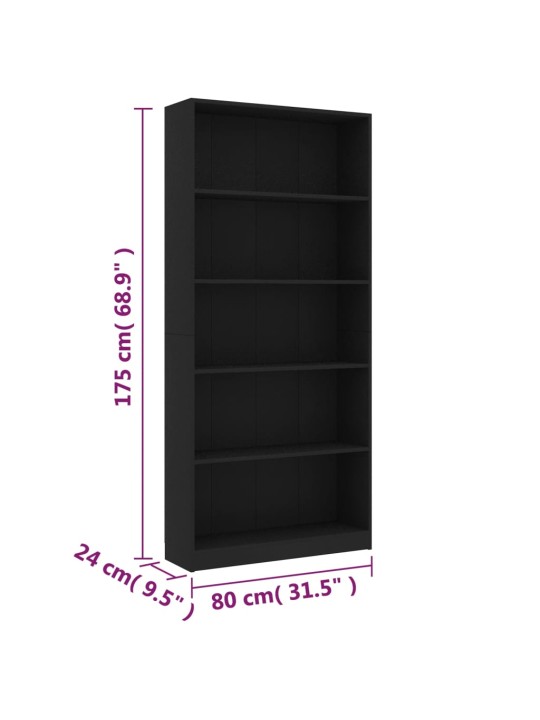 Spintelė knygoms, 5 lentynos, juodos spalvos, 80x24x175cm, MDP