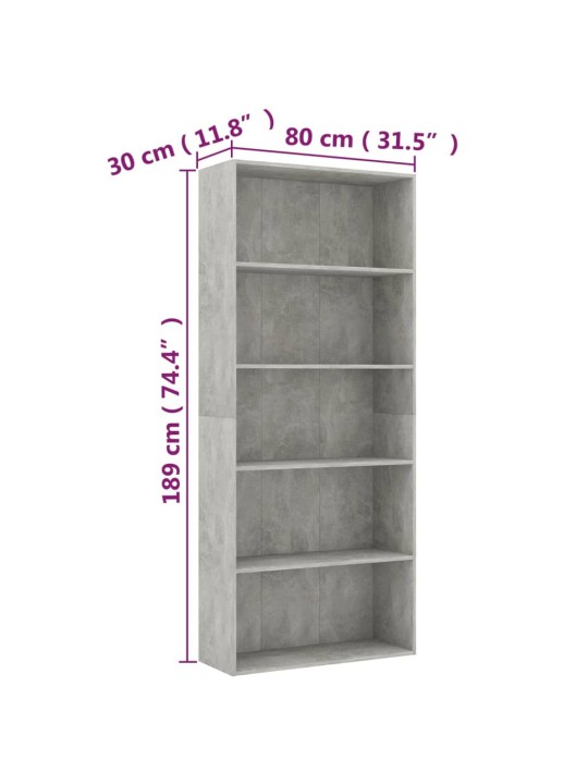 Spintelė knygoms, 5 lentynos, betono pilka, 80x30x189cm, MDP