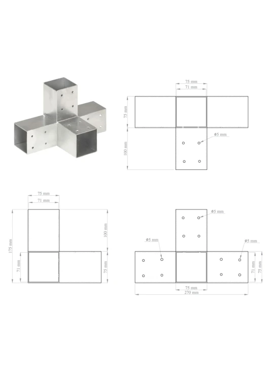 Stulpų sujungimai, 4vnt., 71x71mm, metalas, X formos