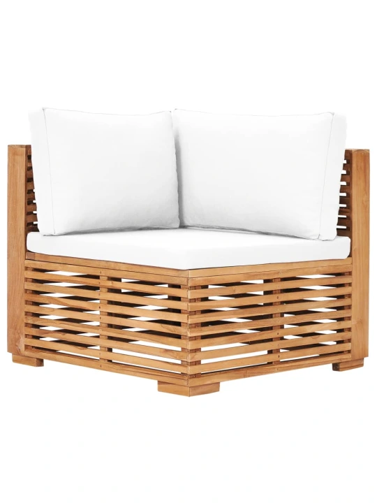 Kampinė sodo sofa su kreminėmis pagalvėlėmis, tikmedžio masyvas