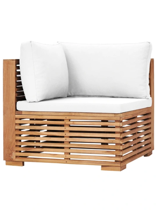 Kampinė sodo sofa su kreminėmis pagalvėlėmis, tikmedžio masyvas