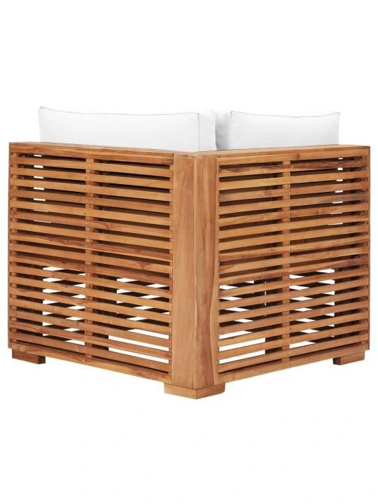 Kampinė sodo sofa su kreminėmis pagalvėlėmis, tikmedžio masyvas