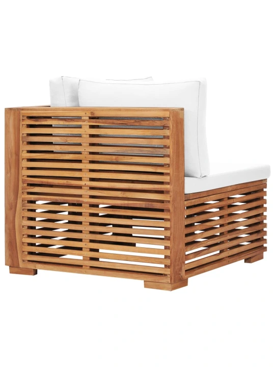 Kampinė sodo sofa su kreminėmis pagalvėlėmis, tikmedžio masyvas