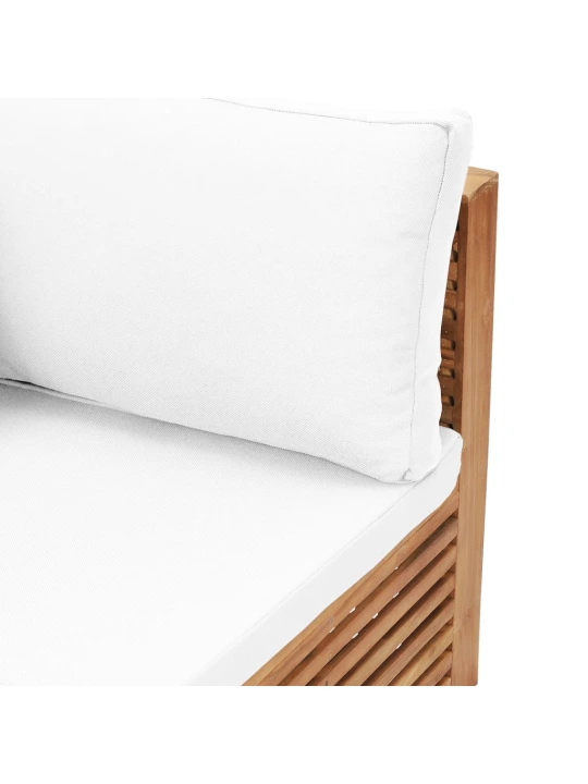 Kampinė sodo sofa su kreminėmis pagalvėlėmis, tikmedžio masyvas