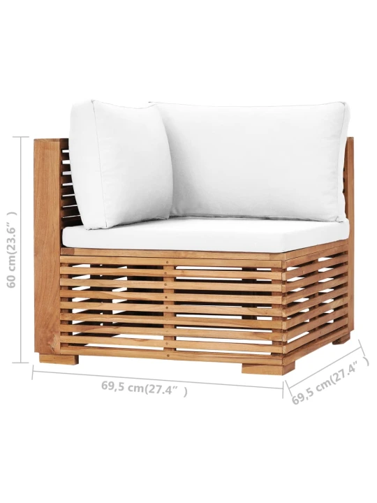 Kampinė sodo sofa su kreminėmis pagalvėlėmis, tikmedžio masyvas