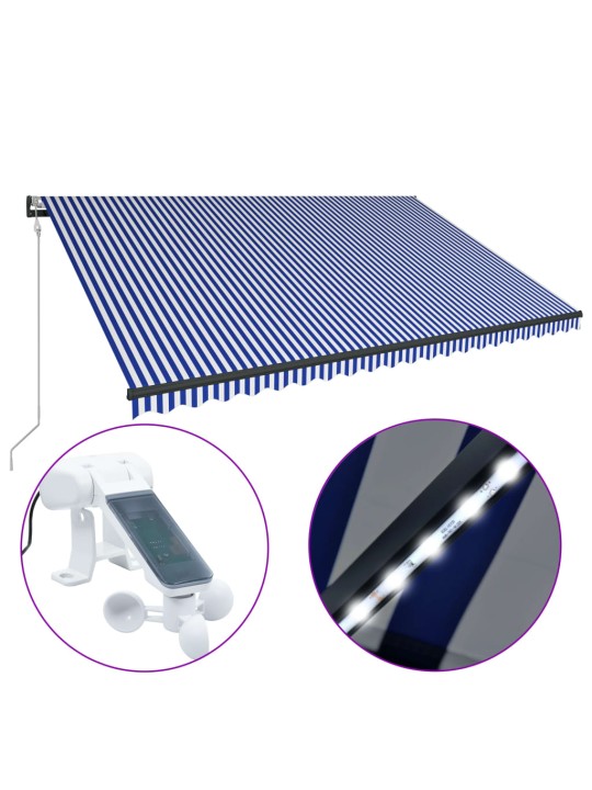 Markizė su vėjo jutikliu ir LED, mėlyna ir balta, 500x300cm