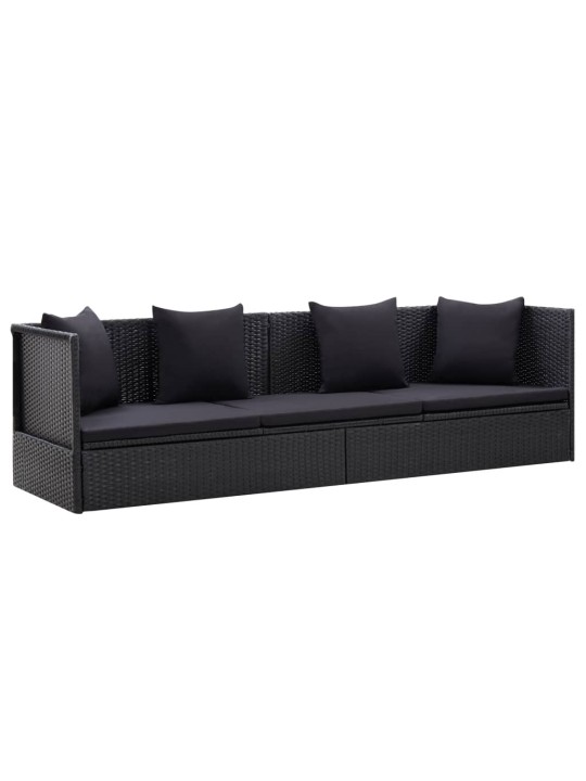 Sodo sofa su pagalvėlėmis ir pagalvėmis, juoda, poliratanas