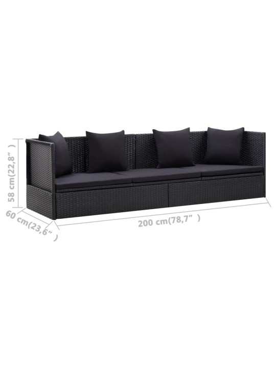 Sodo sofa su pagalvėlėmis ir pagalvėmis, juoda, poliratanas