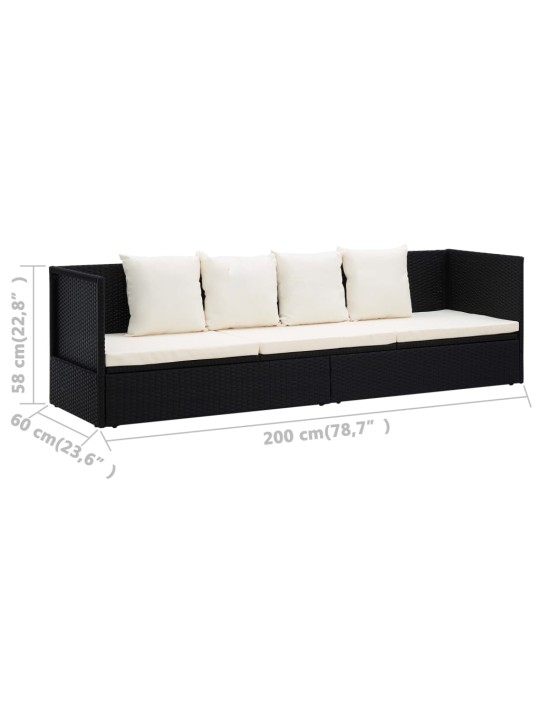 Sodo sofa su pagalvėlėmis ir pagalvėmis, juoda, poliratanas