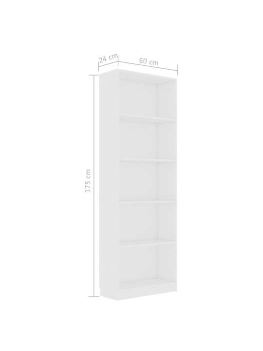 Spintelė knygoms, 5 lentynos, baltos spalvos, 60x24x175cm, MDP