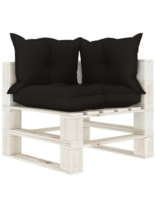 Kampinė sodo sofa iš palečių su juodomis pagalvėmis, mediena