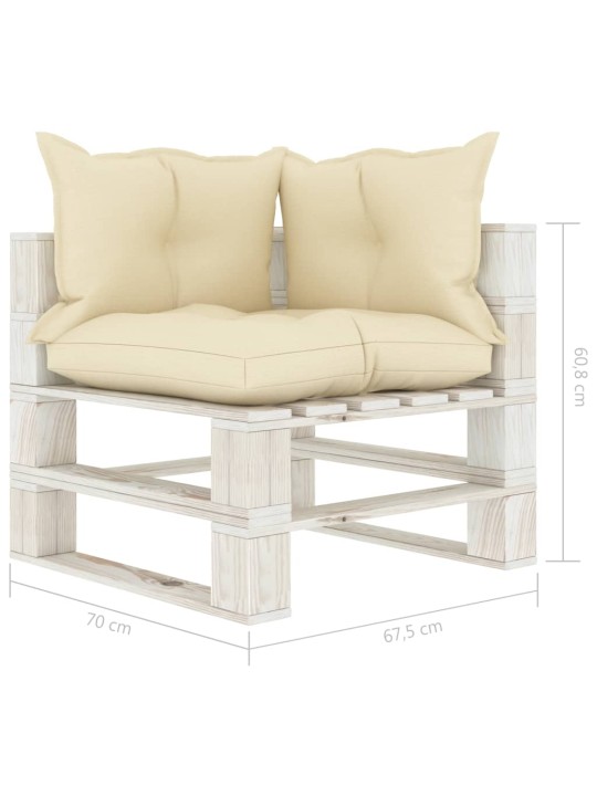 Kampinė sodo sofa iš palečių su kreminėmis pagalvėmis, mediena
