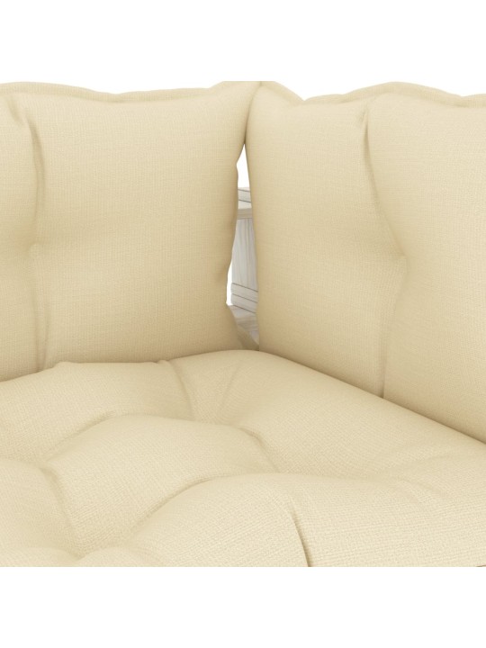 Kampinė sodo sofa iš palečių su kreminėmis pagalvėmis, mediena