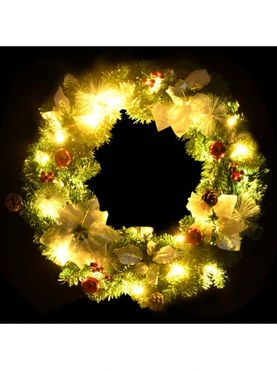 Kalėdinis vainikas su LED lemputėmis, žalios spalvos, 60cm, PVC