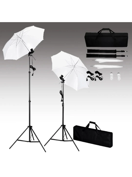 Fotostudijos komplektas su fonu, šviestuvais ir skėčiais