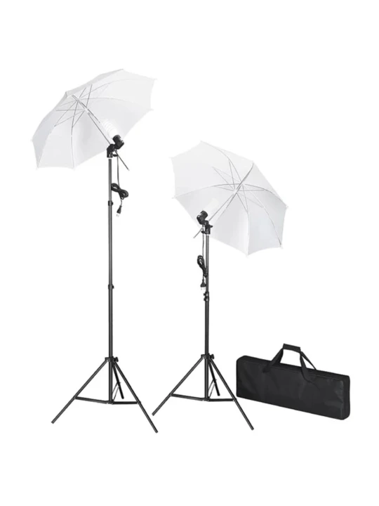 Fotostudijos komplektas su fonu, šviestuvais ir skėčiais
