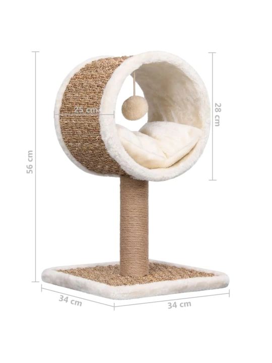 Draskyklė katėms su tuneliu viršuje ir žaislu, 56cm, jūros žolė