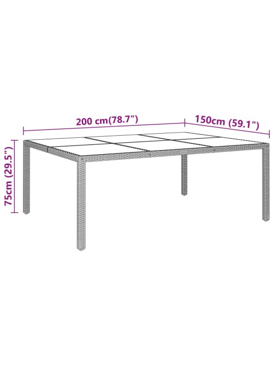 Sodo stalas, juodas, 200x150x75cm, stiklas/poliratanas