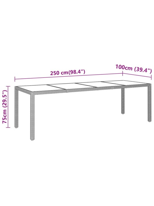 Sodo stalas, juodas, 250x100x75cm, stiklas ir poliratanas