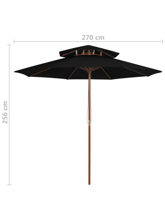 Skėtis su dvigubu stogeliu ir mediniu stulpu, juodas, 270cm