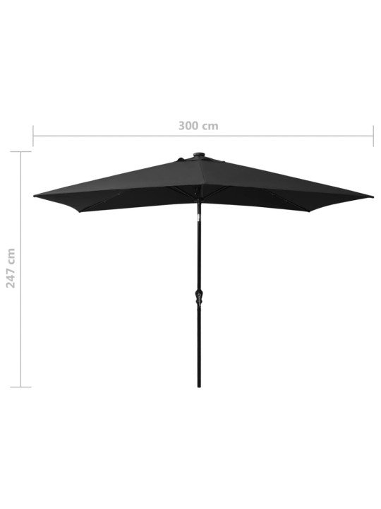 Skėtis nuo saulės su LED ir plieno stulpu, juodas, 2x3m