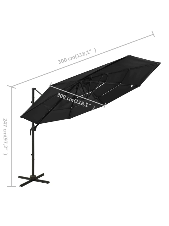 Skėtis nuo saulės su aliuminiu stulpu, juodas, 3x3m, 4 aukščių