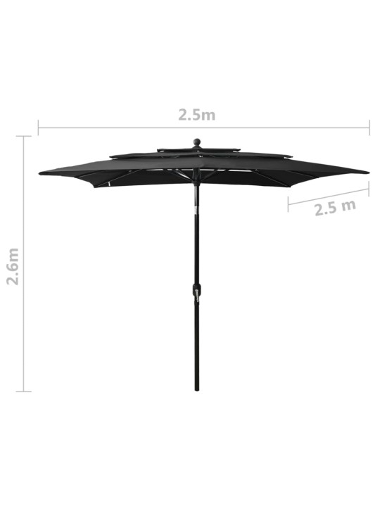 Skėtis su aliuminiu stulpu, juodas, 2,5x2,5m, 3 aukščių